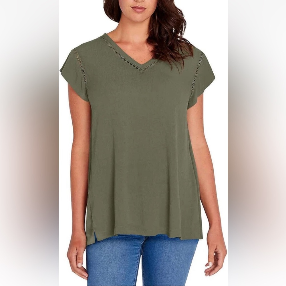 Women's Buffalo David Bitton Crinkled Olive Crochet Top T Shirt Sz S/P